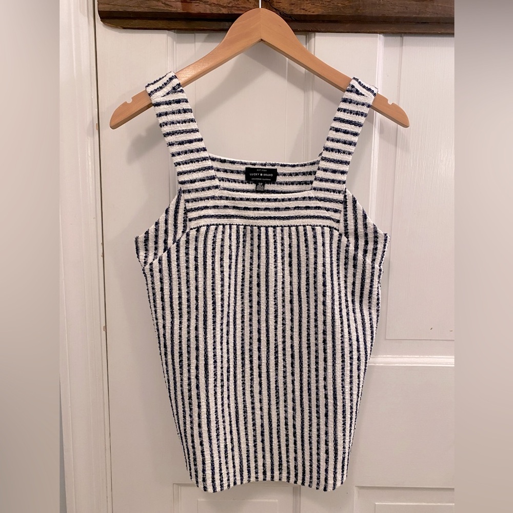 Lucky Brand Terry Cloth Tank Navy Blue Stripe Size Small EUC!